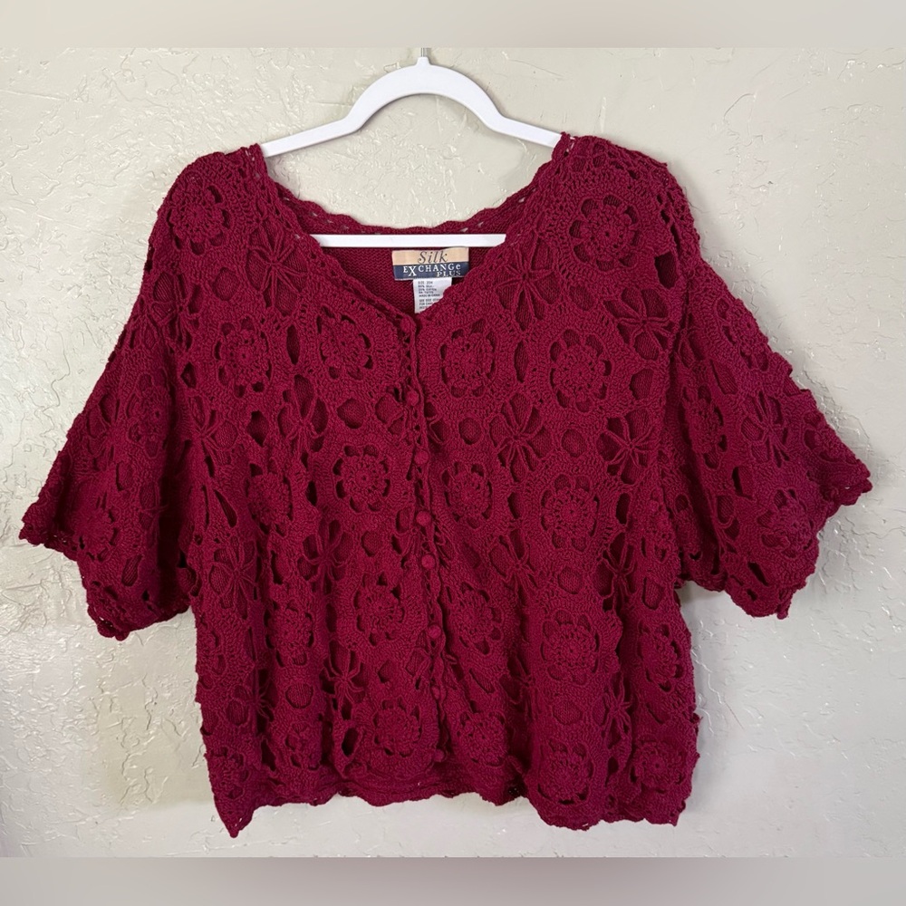 Silk Exchange Vintage Crochet Cottagecore Deep Wine  Sweater Cardigan 20W